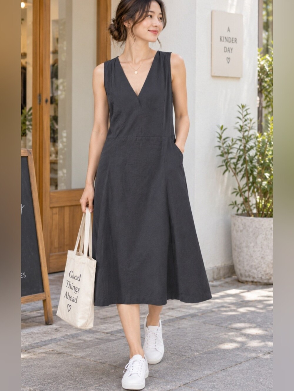 a new day Charcoal V-Neck Midi Dress with Pockets PIT 26 LENGTH 39.5